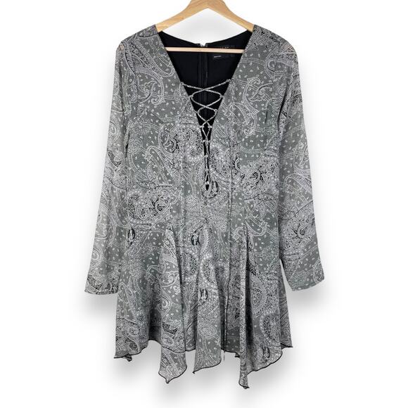 ASOS Dress 10 Black Paisley Whimsigoth Witchy Mini Lace Up Fairy Grunge Emo Boho - Picture 1 of 8